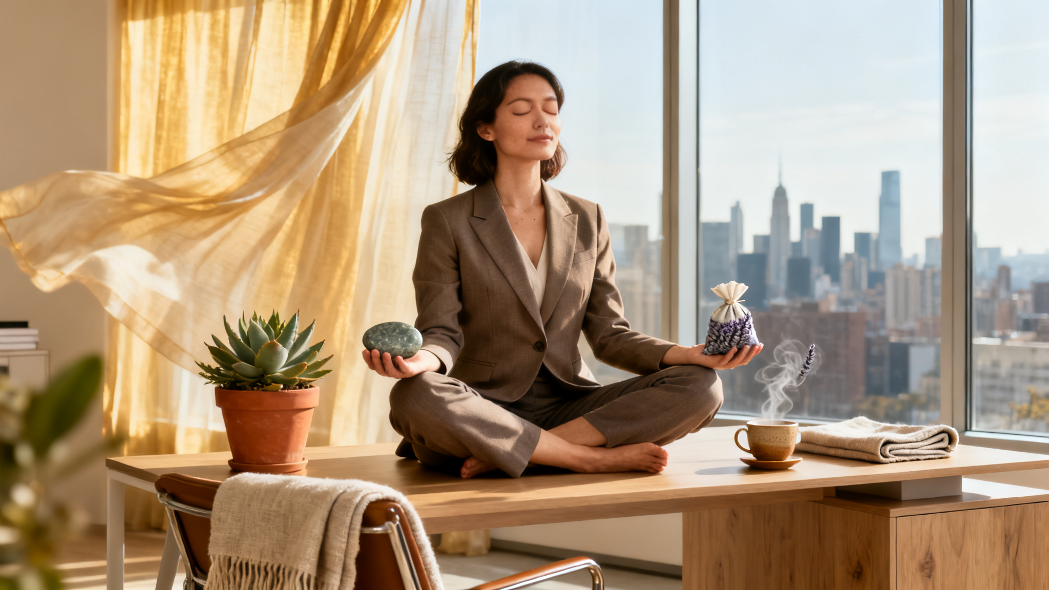Illustration showing various holistic approaches to stress reduction for busy lives.