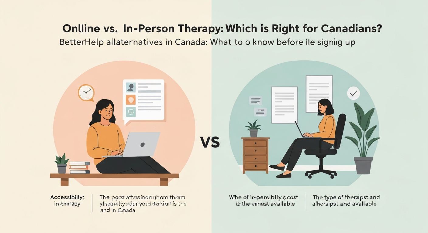 Illustration comparing online therapy on a screen with in-person therapy for Canadians.