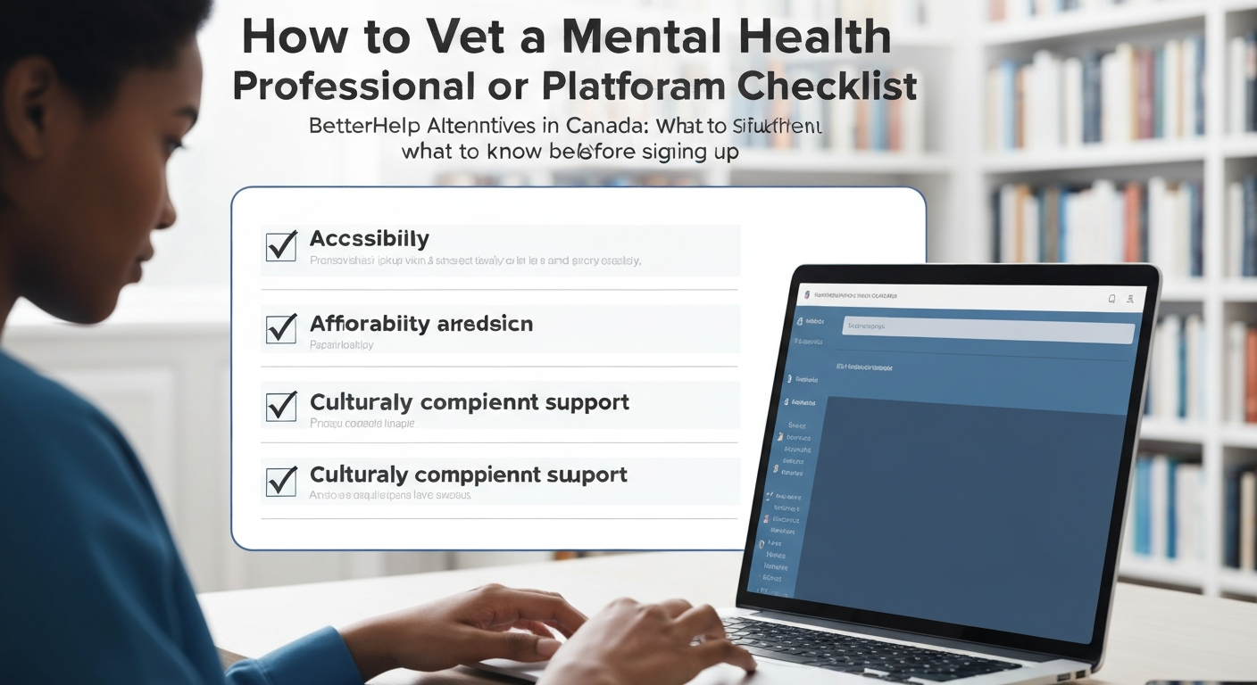 Illustration of a checklist for vetting BetterHelp alternatives in Canada.