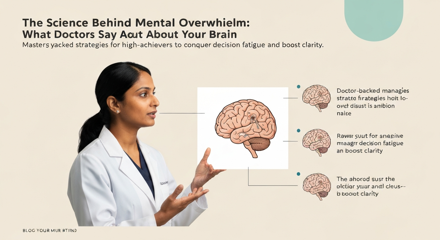 Illustration of a doctor explaining brain science behind mental overwhelm and decision fatigue.