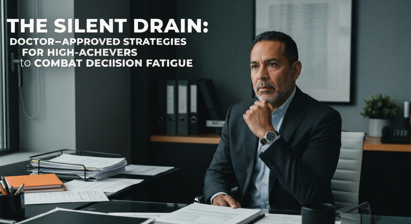 A high-achiever feeling the silent drain of decision fatigue, with doctor-approved strategies.