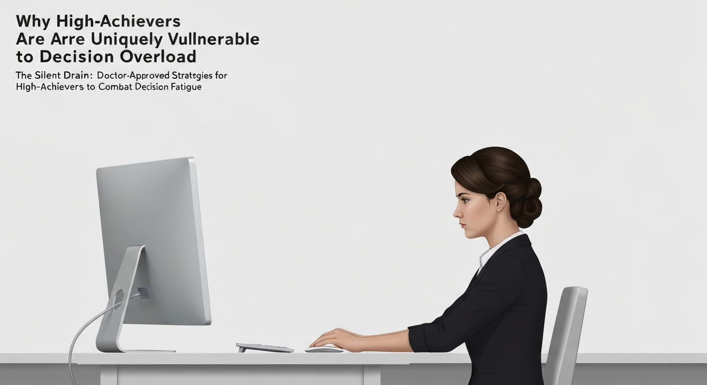 Illustration of a high-achiever overwhelmed by numerous choices, leading to decision fatigue.