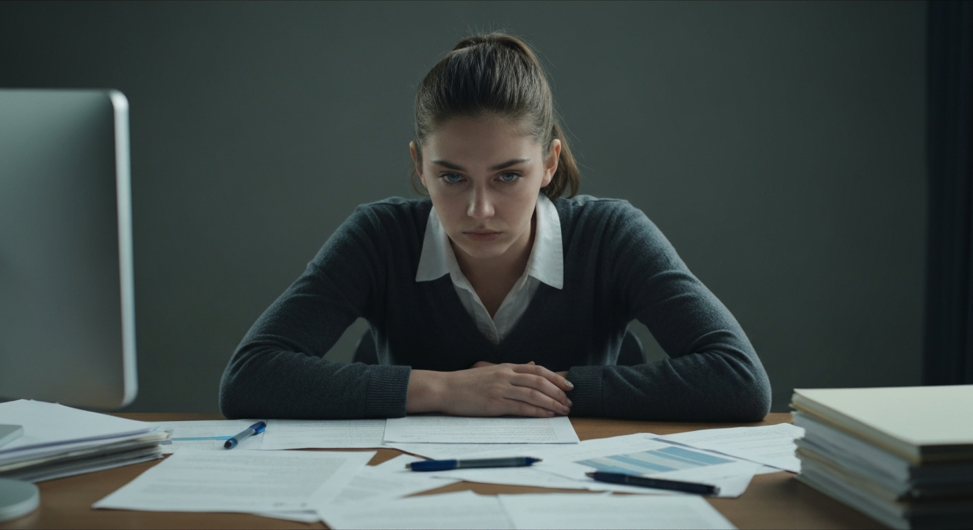 An overwhelmed person at a desk surrounded by numerous choices, depicting decision fatigue.