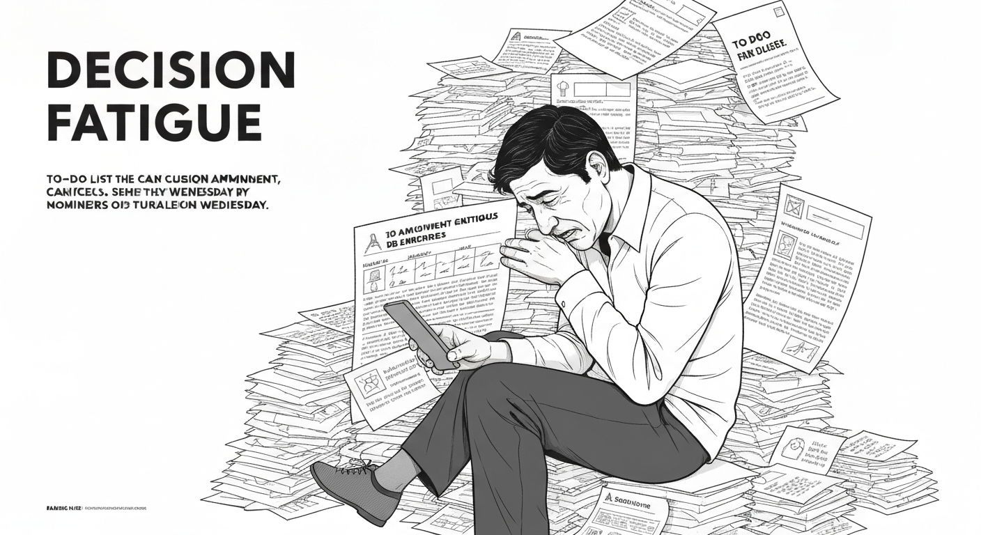 Illustration of a person feeling overwhelmed and sad due to decision fatigue.