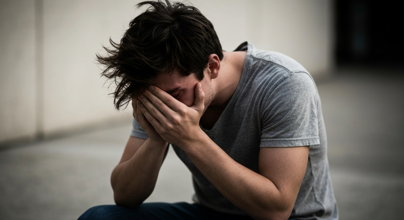 A person with a tear on their cheek, pondering 'Why am I crying for no reason?'