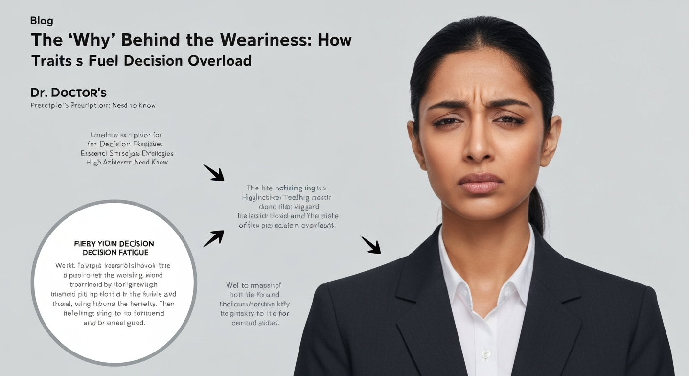 Illustration depicting a high-achiever overwhelmed by many choices, leading to decision fatigue.