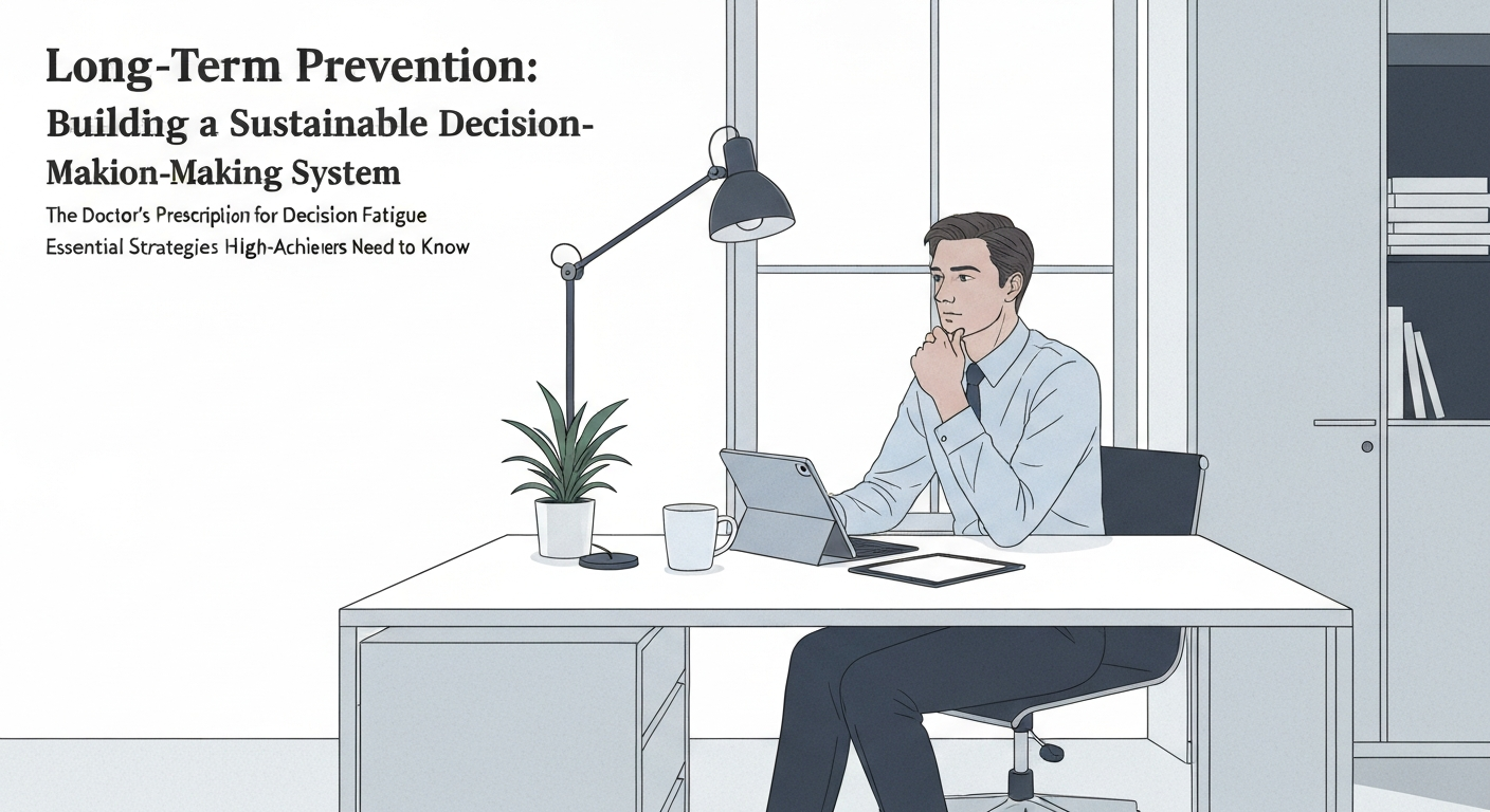 Illustration depicting long-term strategies for preventing decision fatigue with a sustainable system.