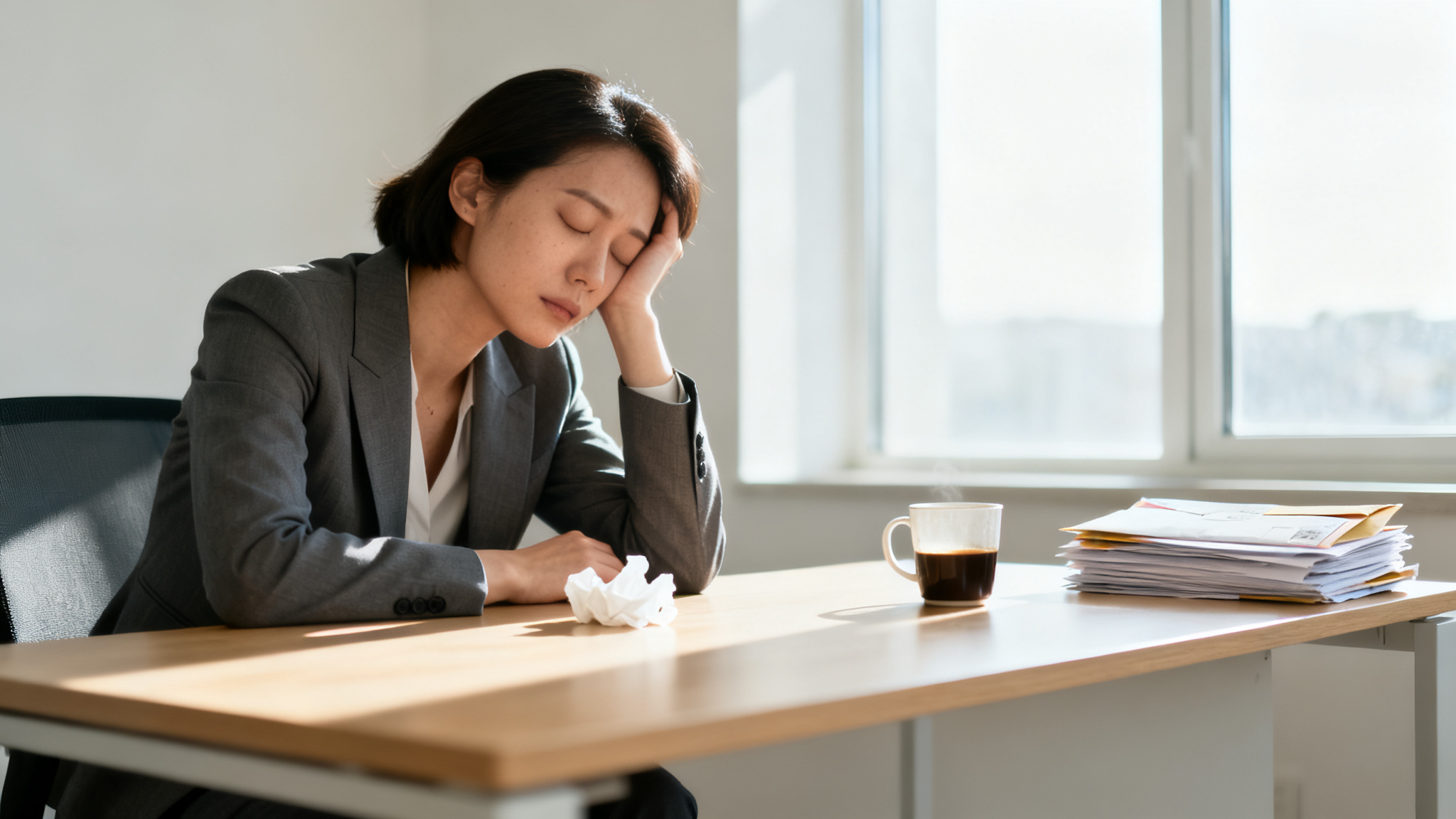 A professional looking subtly overwhelmed, representing early warning signs of burnout high-achievers often miss.