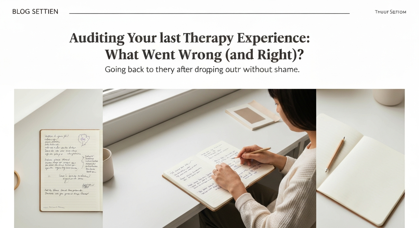 Illustration of someone reviewing their past therapy, considering how to start over without shame.
