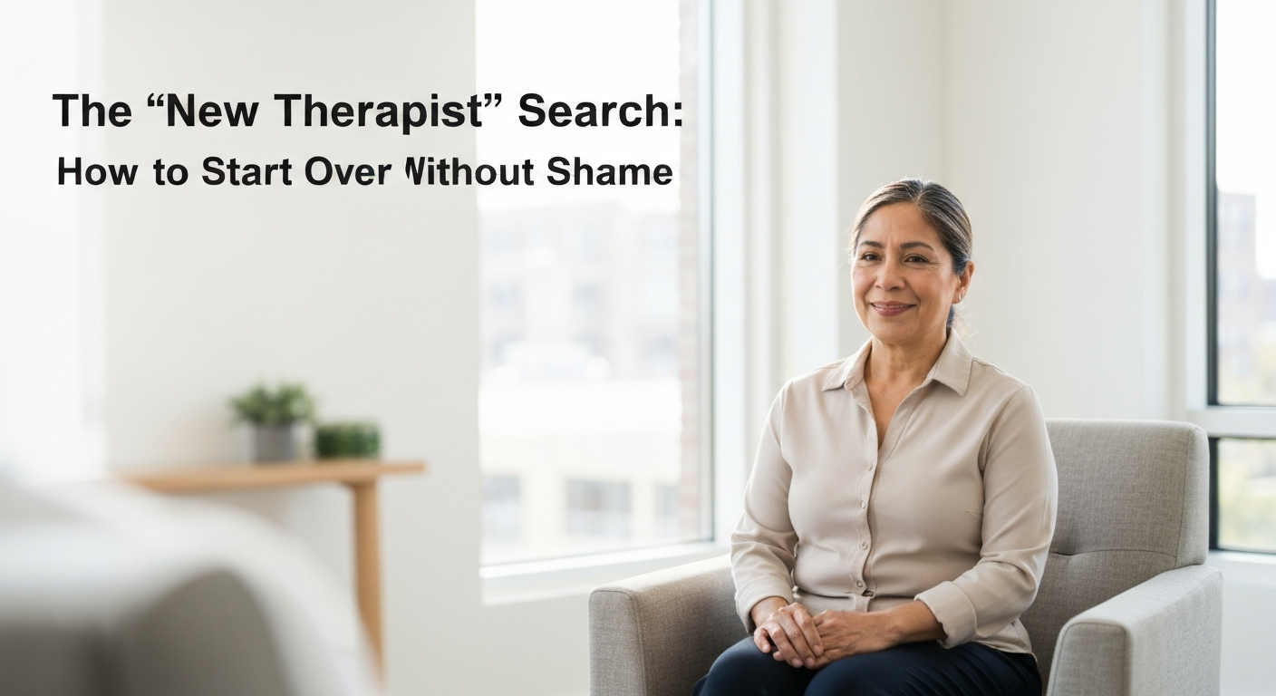 Illustration of a person thoughtfully searching for a new therapist, starting over without shame.