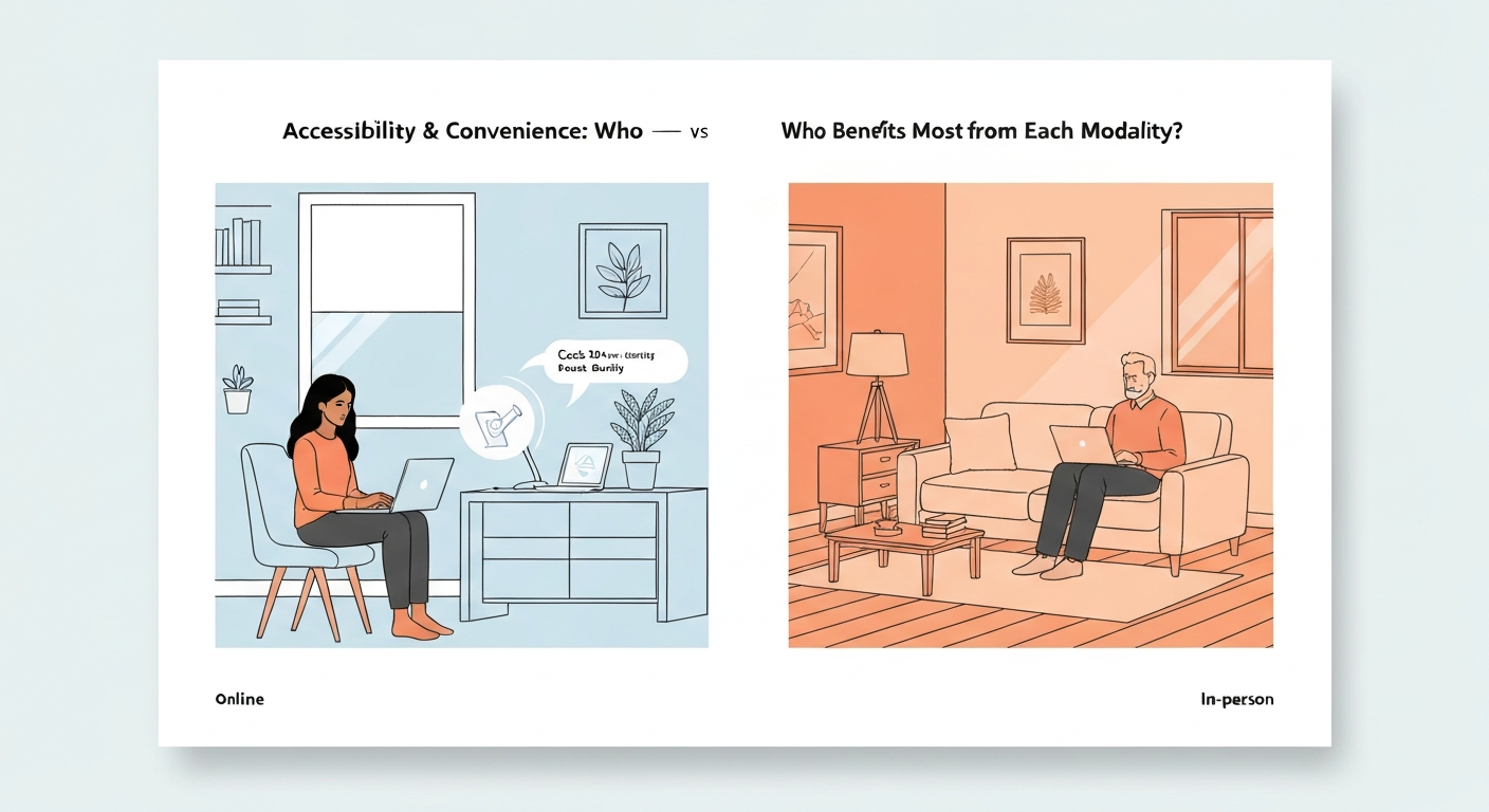 Illustration showing diverse Canadian adults weighing online versus in-person therapy accessibility.