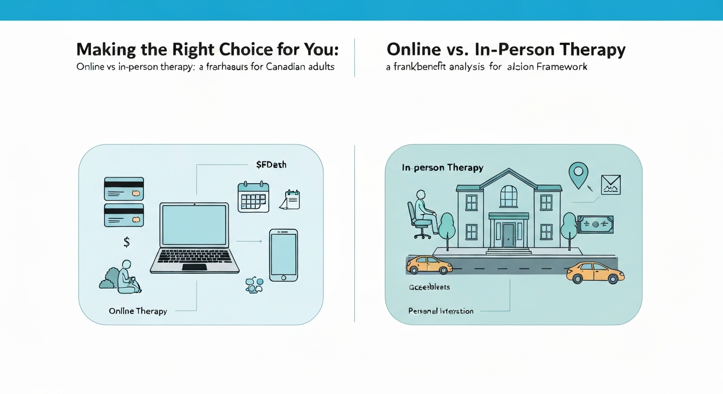 An illustration showing a Canadian adult weighing options for online vs in-person therapy.