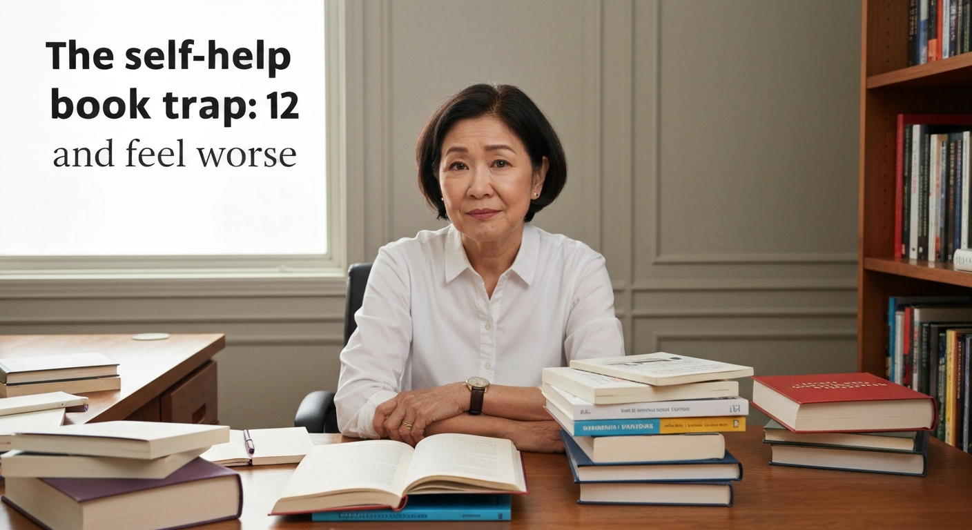 A person overwhelmed by many self-help books, feeling worse from the self-help book trap.