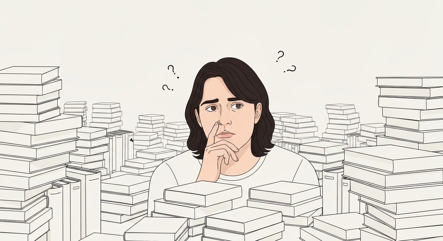Illustration showing someone overwhelmed by many self-help books, caught in the self-help book trap.