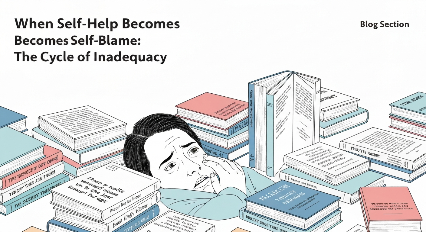 An illustration of a person feeling overwhelmed and inadequate by the self-help book trap.