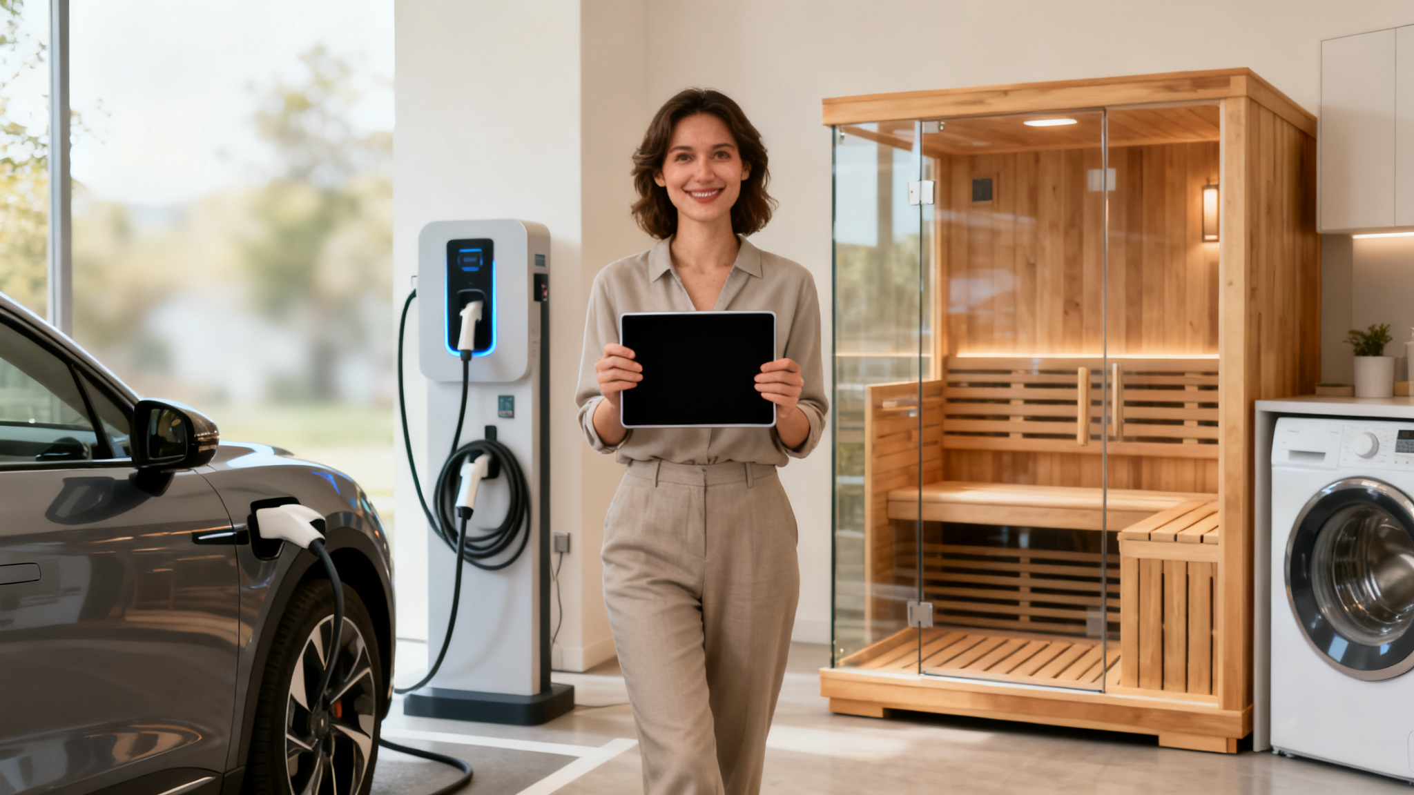 Illustration of EV, sauna, and laundry amenities, showing roi for pay per use systems.