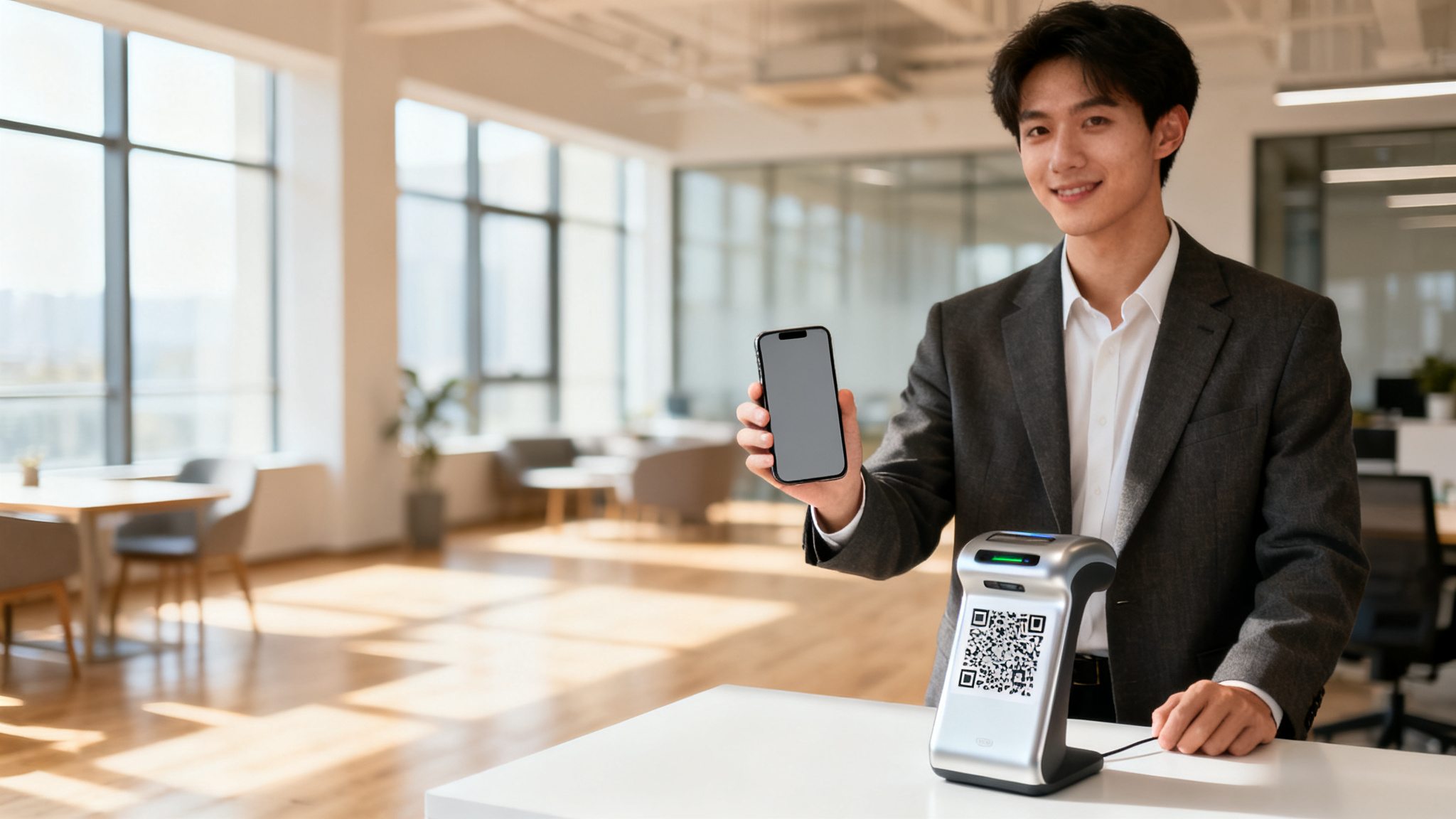A smartphone scans a QR code for best qr code access in a modern coworking space.