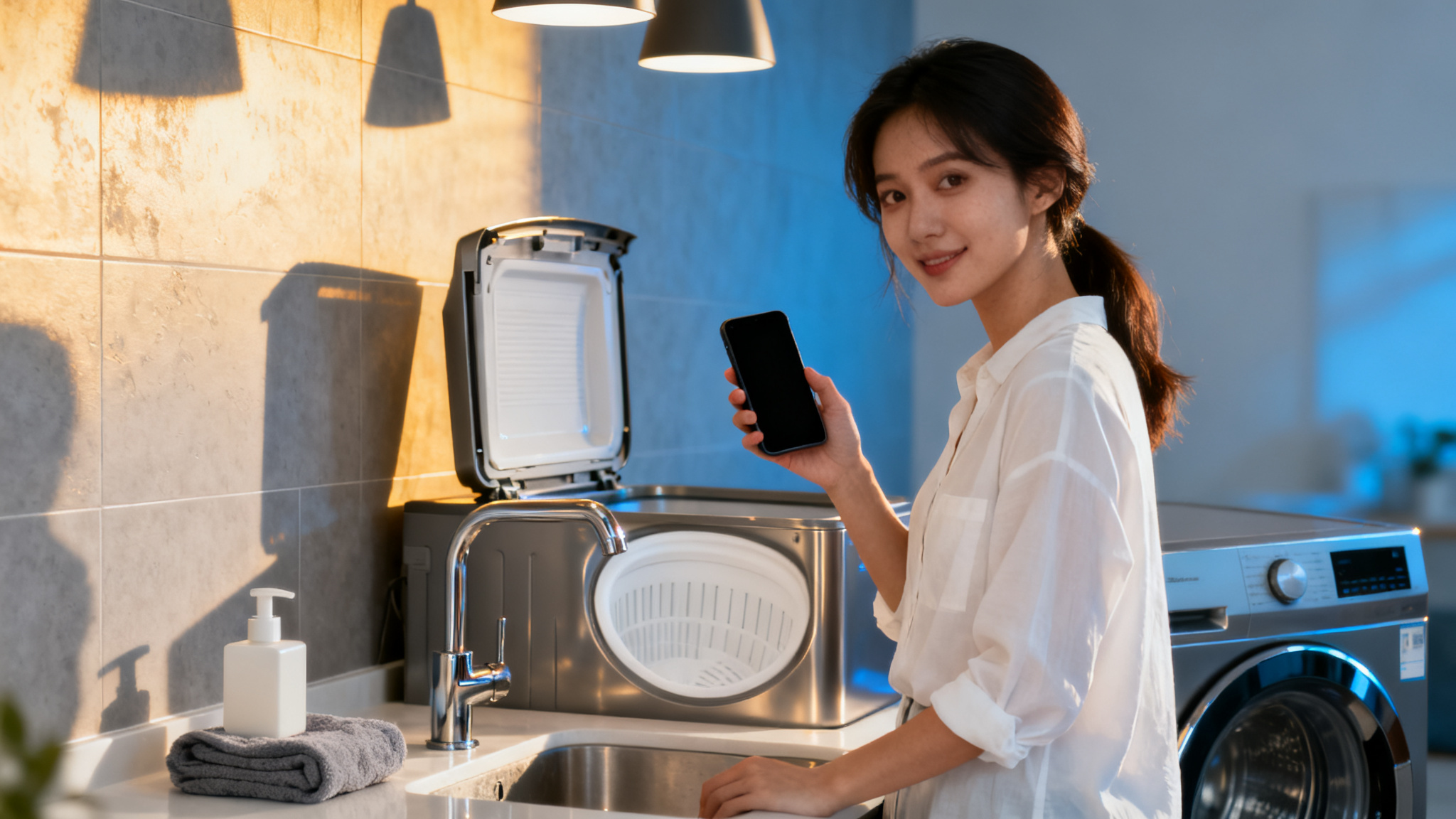 Scanning a QR code on a washing machine for pay per use laundry room QR access.