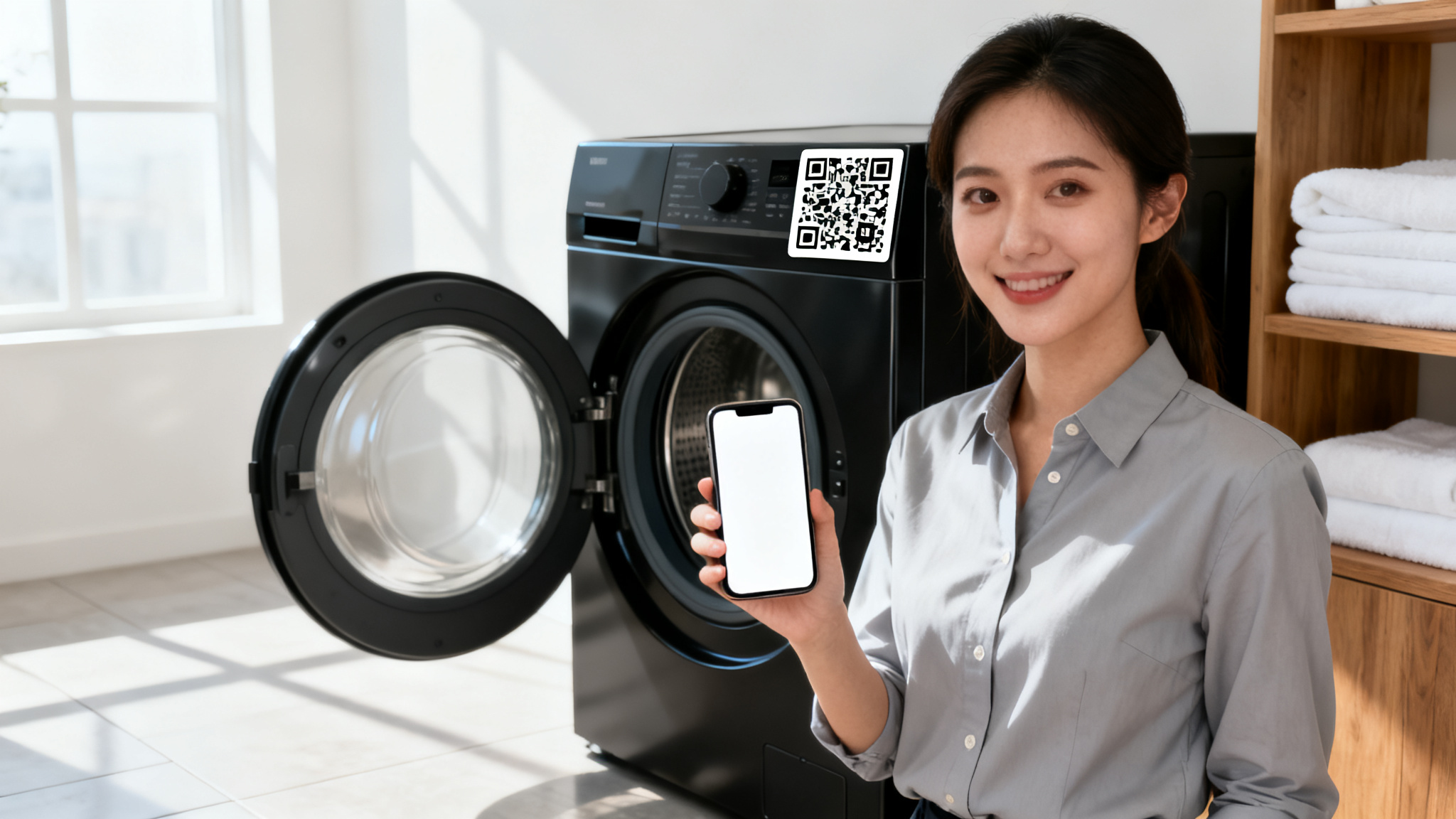 Illustration: smartphone scanning for pay per use laundry room QR access.