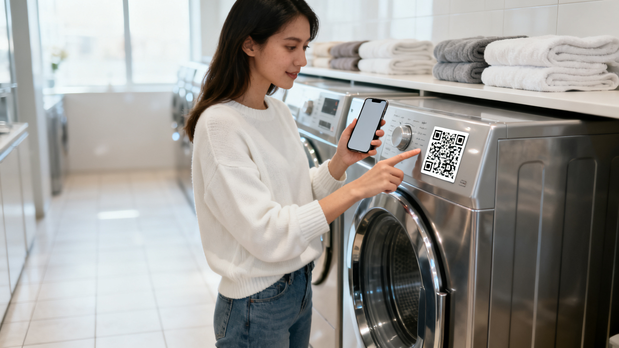 Illustration of a person scanning a QR code for pay per use laundry room access.
