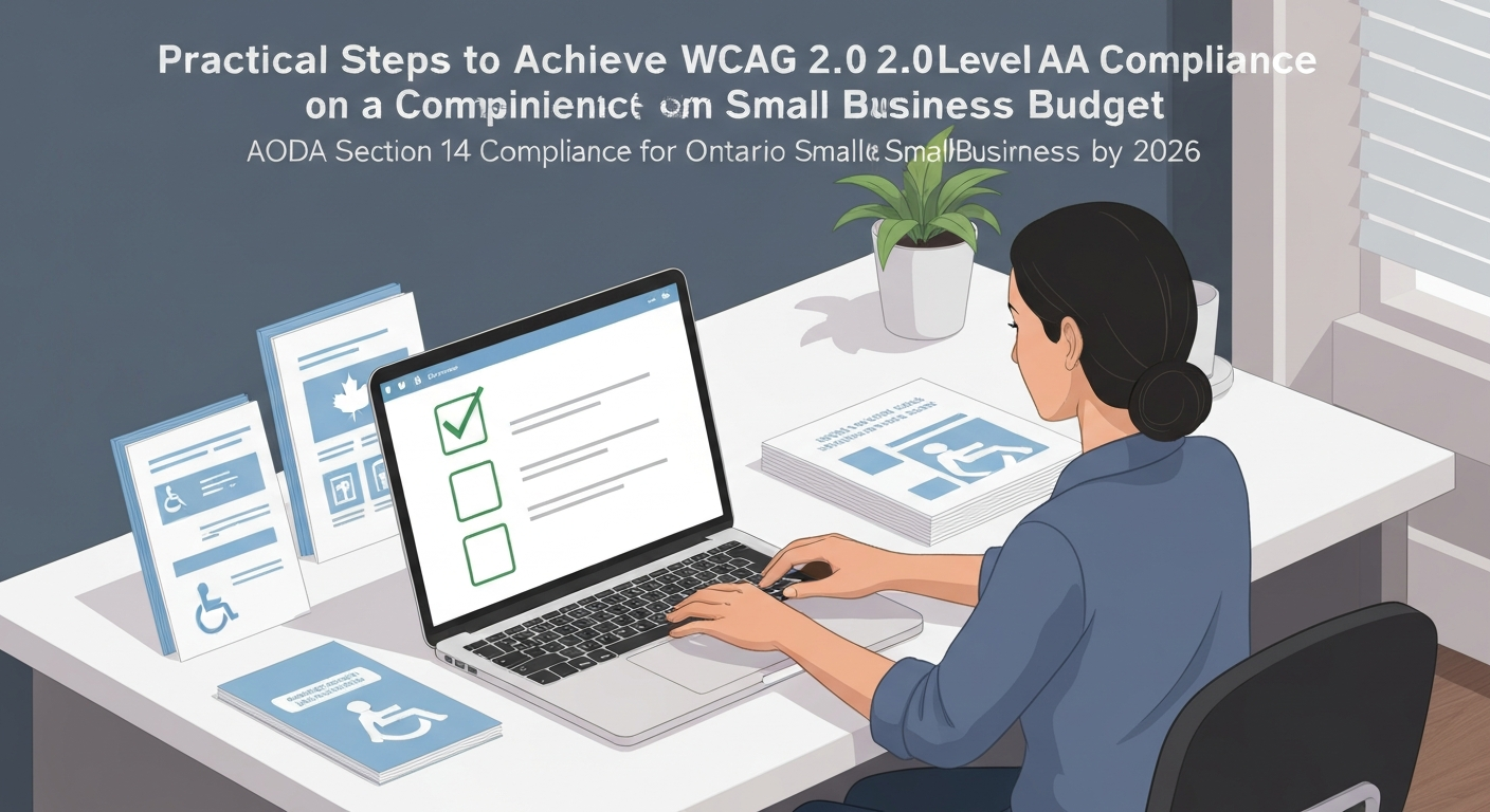 Illustration depicting practical steps for AODA Section 14 compliance for Ontario small businesses.