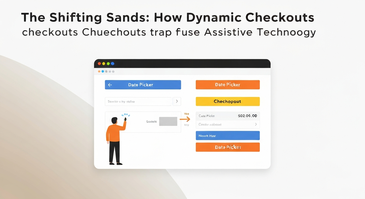 Illustration showing assistive technology users trapped by the shifting elements of dynamic checkouts.