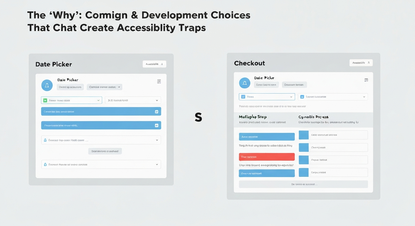 Illustration showing common design choices that create accessibility traps for date pickers and dynamic checkouts.