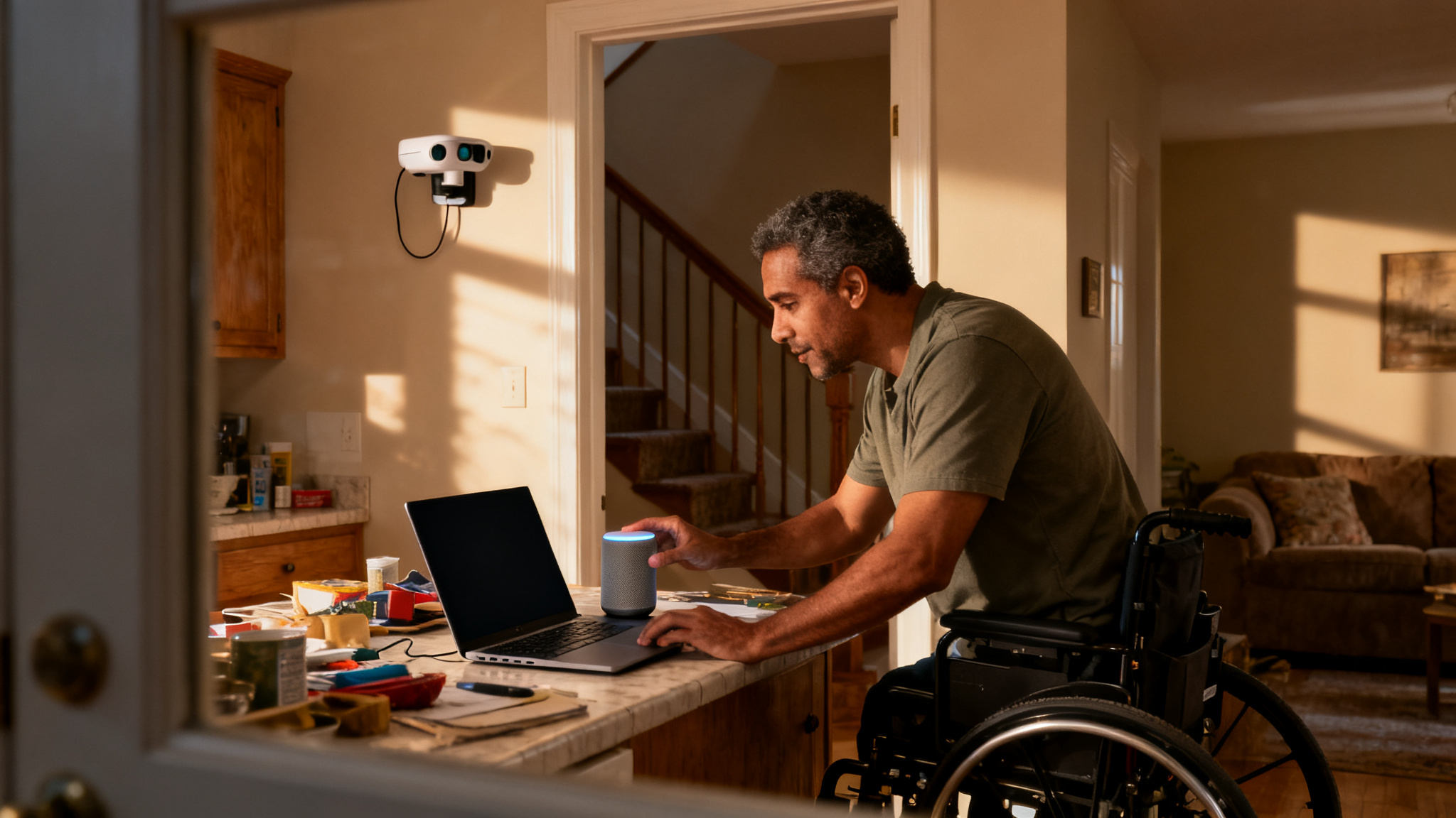Illustration showing disabled people using switch access, eye tracking, and voice control.
