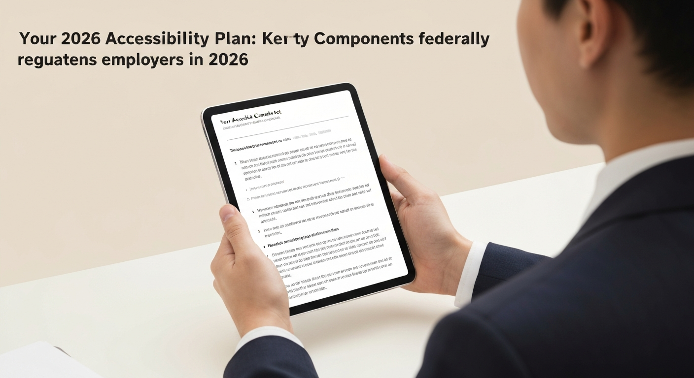 Illustration of an accessibility plan's key components and deadlines for federally regulated employers in 2026.