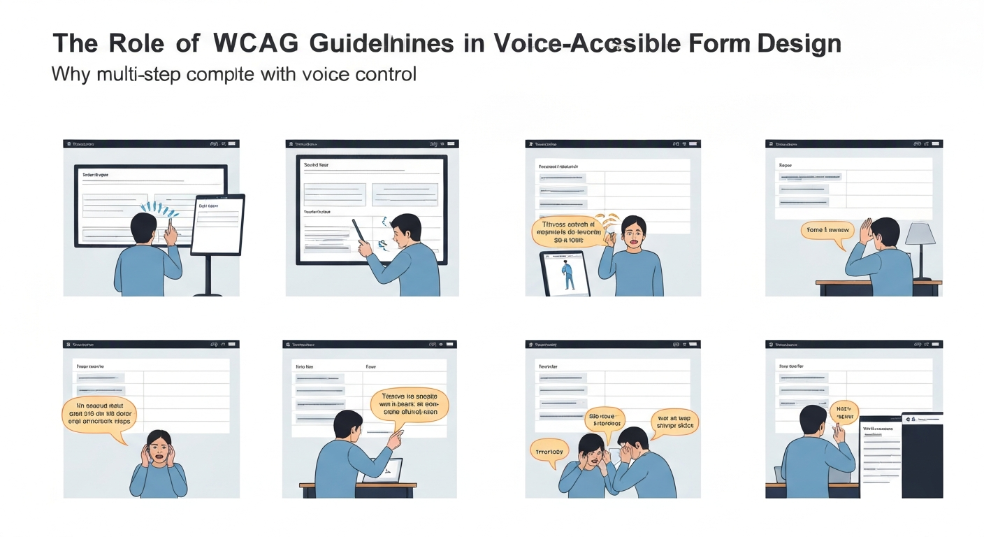 Illustration of WCAG guidelines addressing challenges in completing multi-step web forms with voice control.