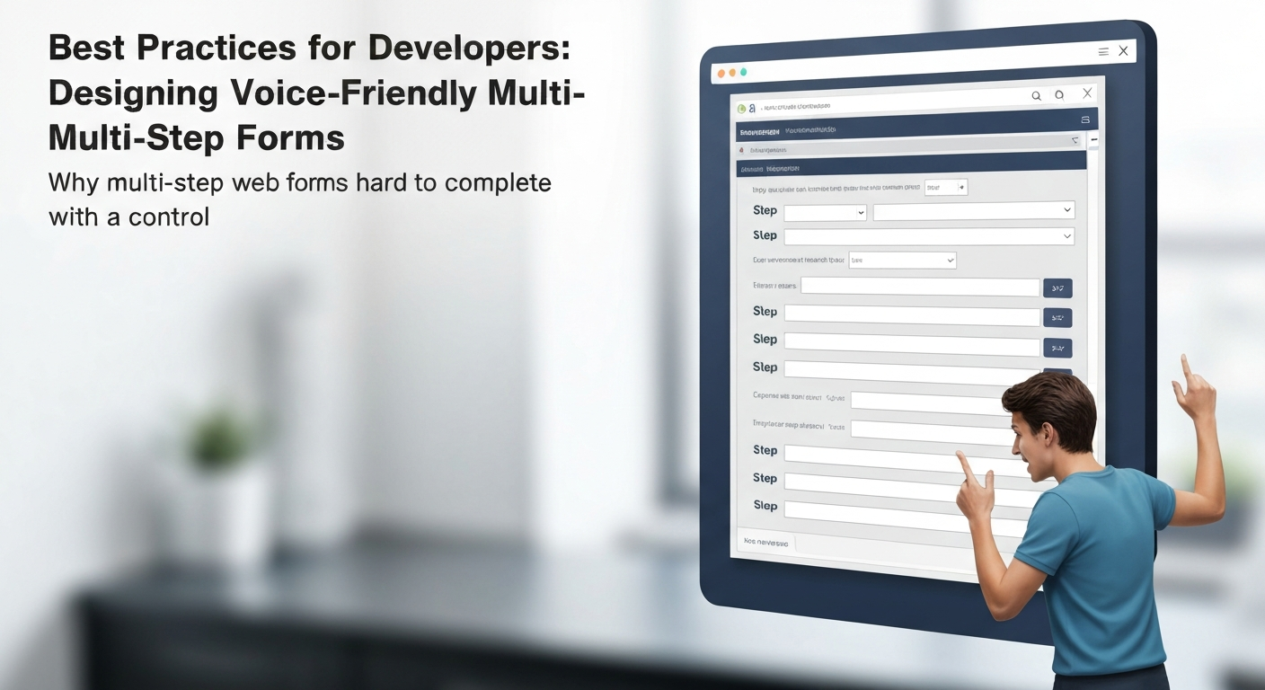 Illustration of best practices for multi-step web forms challenging to complete via voice control.