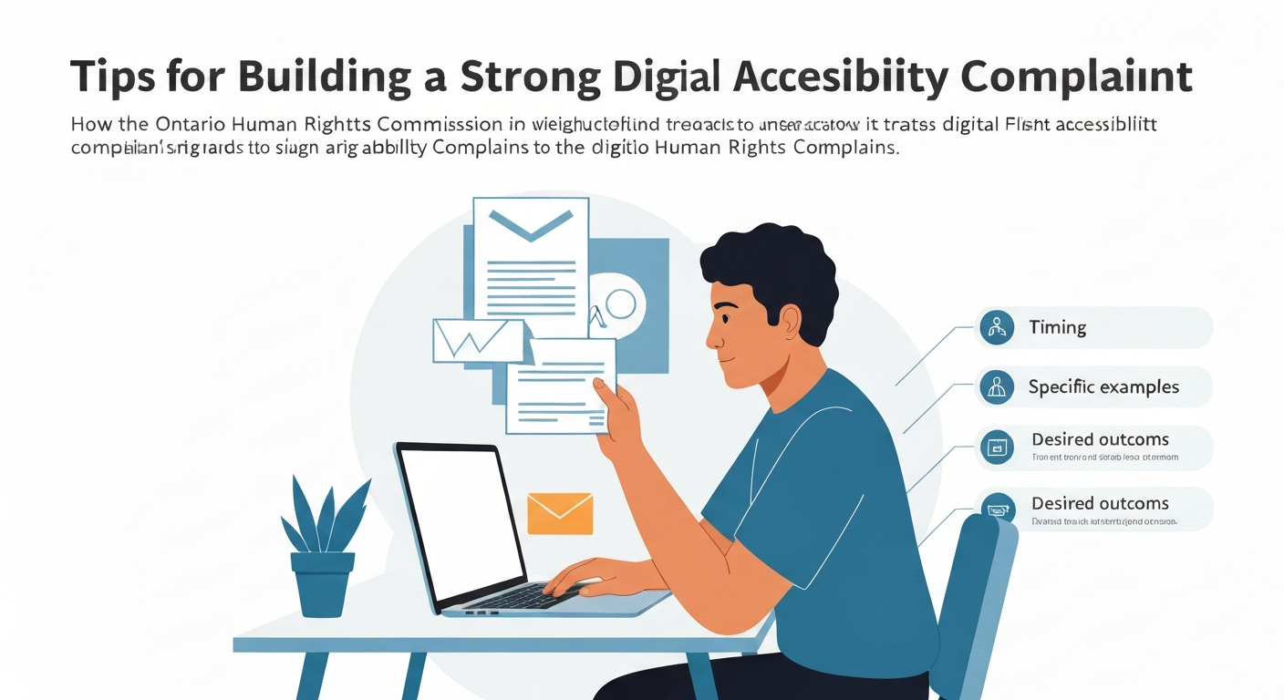Illustration showing documents and tools for building strong digital accessibility complaints.
