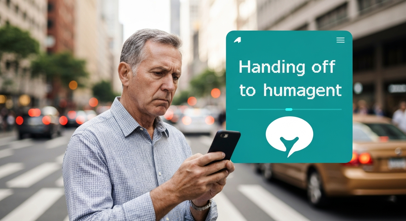 A human hand and a digital hand exchanging control, illustrating the voice agent handoff problem.