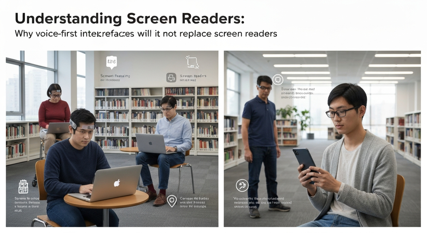 Illustration showing screen reader functions, highlighting why voice-first interfaces won't replace them.