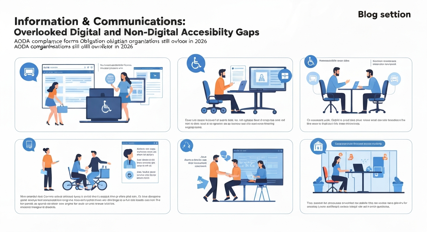 Illustration showing overlooked digital and non-digital accessibility gaps for AODA compliance.