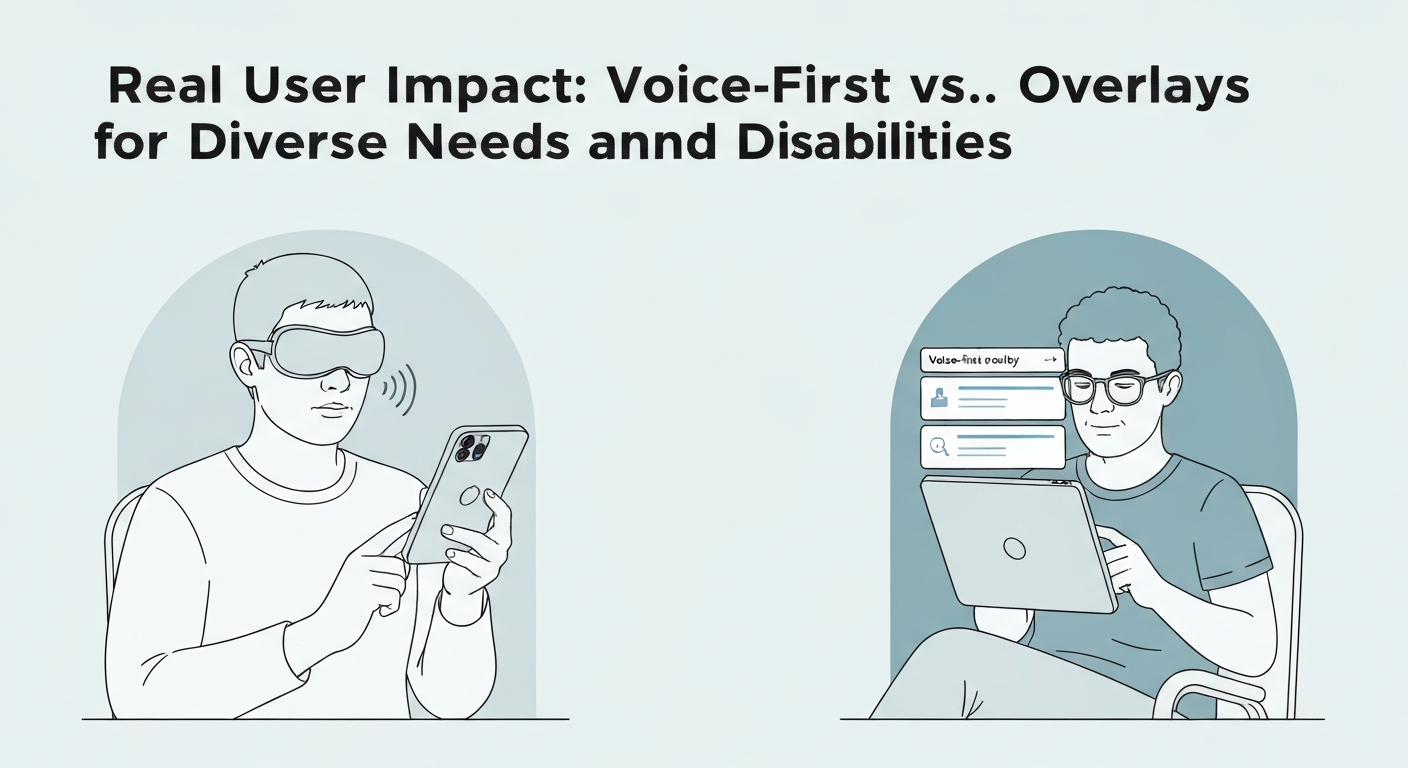 Illustration comparing voice-first accessibility tools and accessibility overlays for diverse needs.
